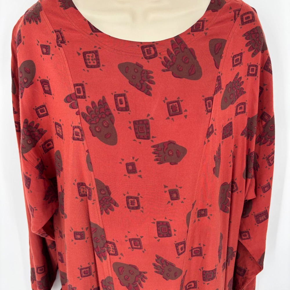 Vintage Kusnadi Tribal Face Print Drop Waist Midi Dress Pockets Long Sleeve Sz L